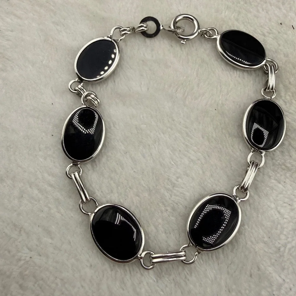 Vintage Sterling Silver Link Bracelet Signed LF Black Polished Stone  7